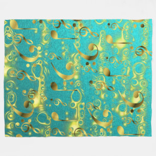 golden music notes in mint fleece blanket