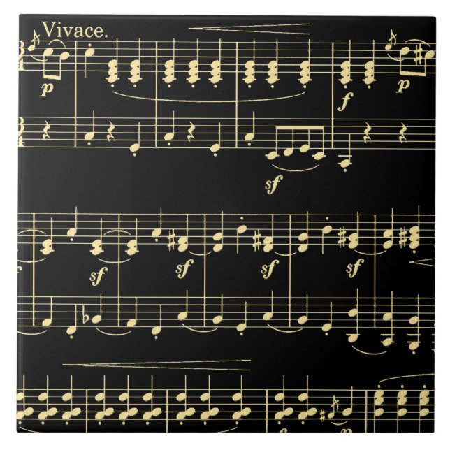Golden Music on Black  Ceramic Tile (Front)