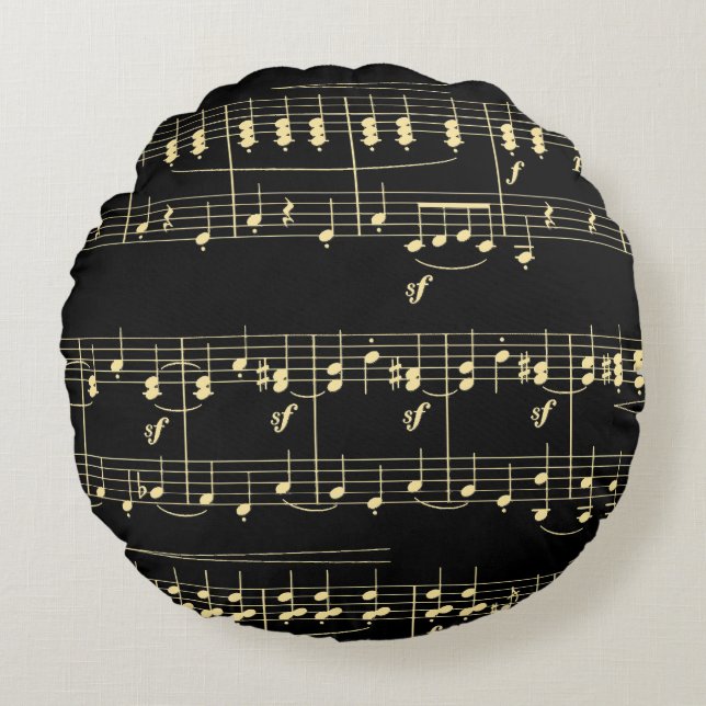 Golden Music on Black  Round Cushion (Front)