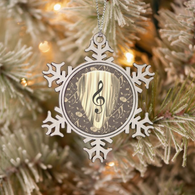 Golden Music Pick – Treble Clef Art Snowflake Pewter Christmas Ornament (Tree)