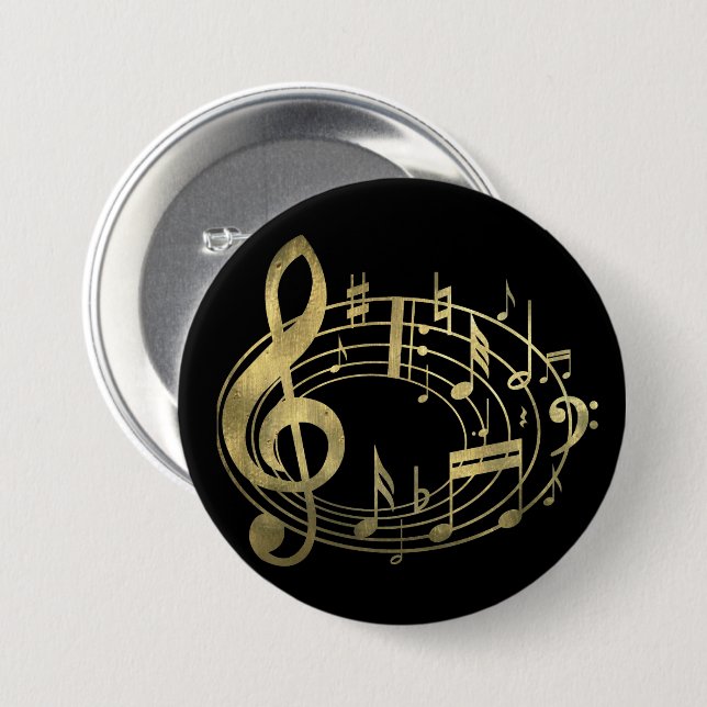 Golden musical notes in oval shape 7.5 cm round badge (Front & Back)