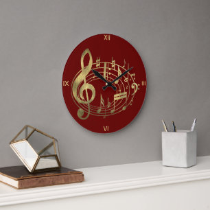 Golden Musical Notes in Oval Shape on Red Large Clock