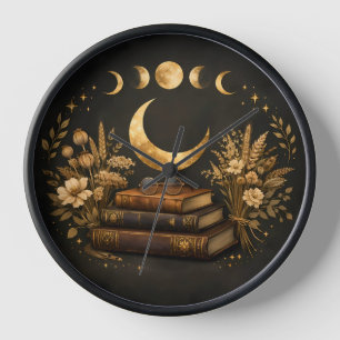 Golden Mystic Library & Botanical Boho Moon Art Clock