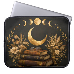 Golden Mystic Library & Botanical Boho Moon Art Laptop Sleeve