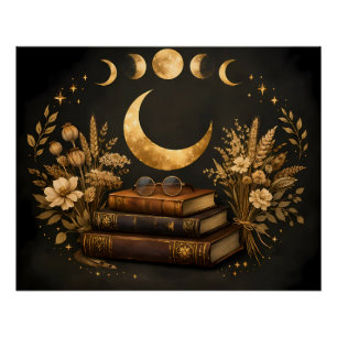 Golden Mystic Library & Botanical Boho Moon Art Poster
