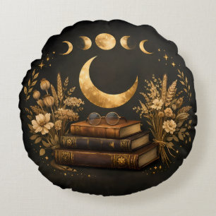 Golden Mystic Library & Botanical Boho Moon Art Round Cushion