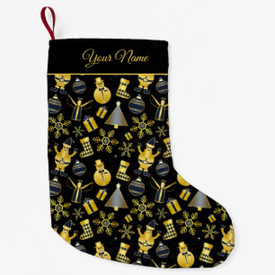 Golden Name Santa Snowman Gift Pattern Black Small Christmas Stocking