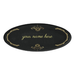 golden-named black label name tag