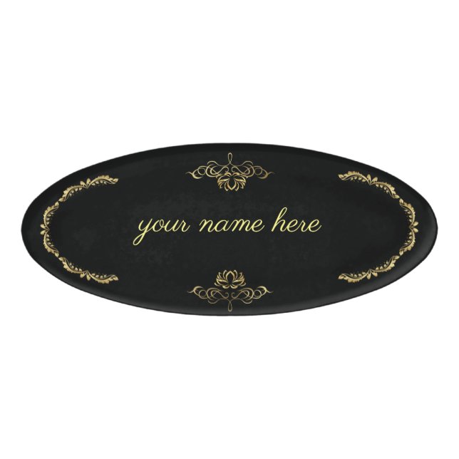golden-named black label name tag (Front)