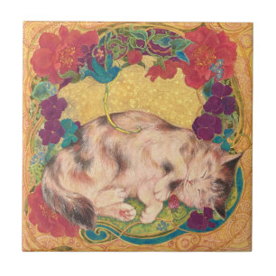Golden Nap: Feline Serenity in Bloom Ceramic Tile
