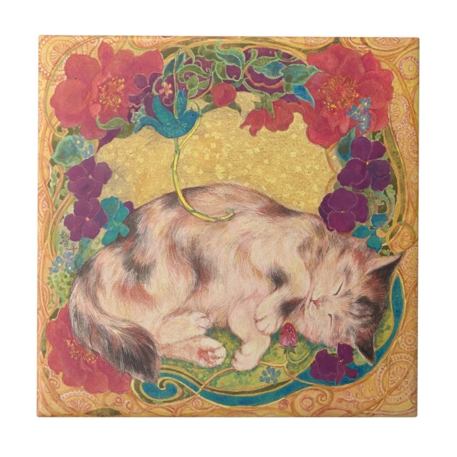  Golden Nap: Feline Serenity in Bloom Ceramic Tile (Front)