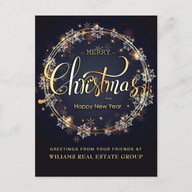 Golden Navy Christmas Snowflake Corporate Greeting Postcard (Front)