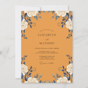 Golden Navy Rose Wedding Invitation