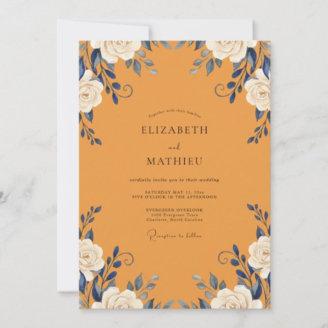 Golden Navy Rose Wedding Invitation (Front)