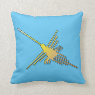 Golden Nazca Hummingbird In Blue Background Cushion