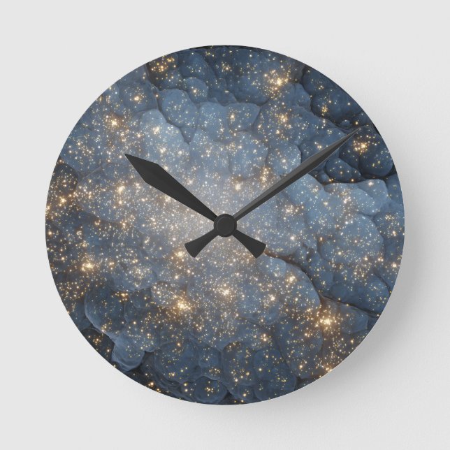 Golden Nebula Sparkles Midnight Blue Cosmos Round Clock (Front)