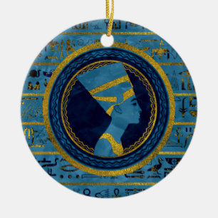 Golden Nefertiti on blue marble stone Ceramic Tree Decoration