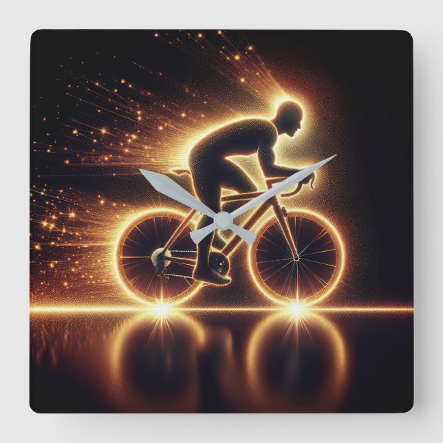 Golden Neon Bicycle Square Wall Clock (Front)
