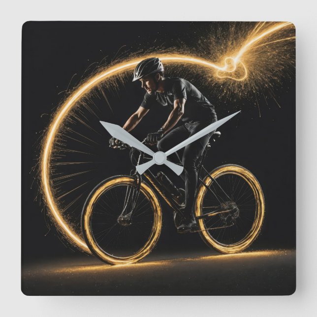 Golden Neon Bicycle Square Wall Clock (Front)