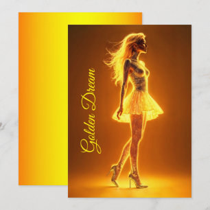 Golden neon girl in glowing fashion elegance invitation
