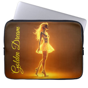 Golden neon girl in glowing fashion elegance laptop sleeve