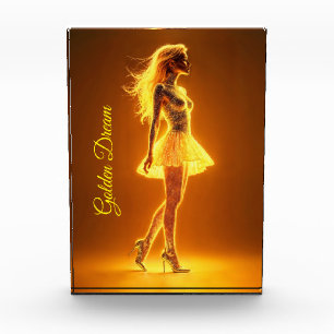 Golden neon girl in glowing fashion elegance photo block