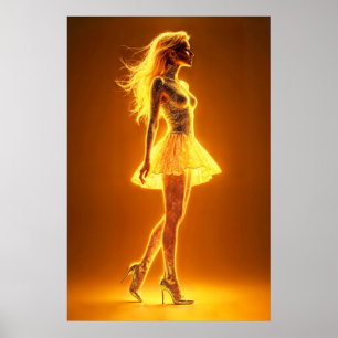 Golden neon girl in glowing fashion elegance poster