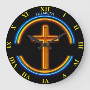Golden Neon Glowing Psychedelic Christian Jesus Large Clock
