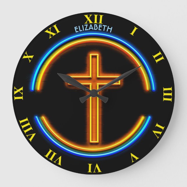 Golden Neon Glowing Psychedelic Christian Jesus Large Clock (Front)