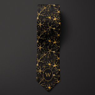 Golden Neuron Pattern on Black Background Tie