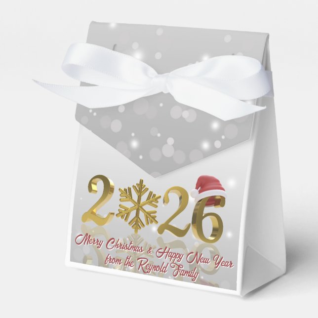 Golden New Year 2026 with Snowflake and Santa Hat Favour Box (Front Side)