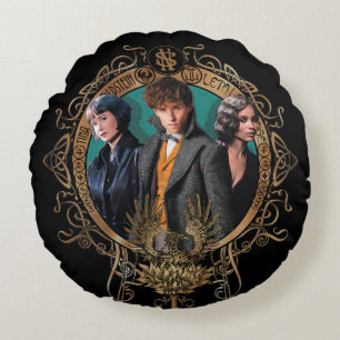 Golden Newt, Tina, and Leta Art Deco Portrait Round Cushion