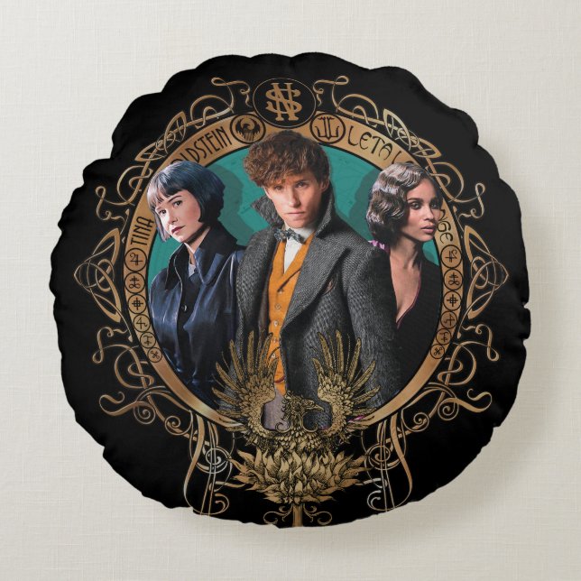Golden Newt, Tina, and Leta Art Deco Portrait Round Cushion (Front)