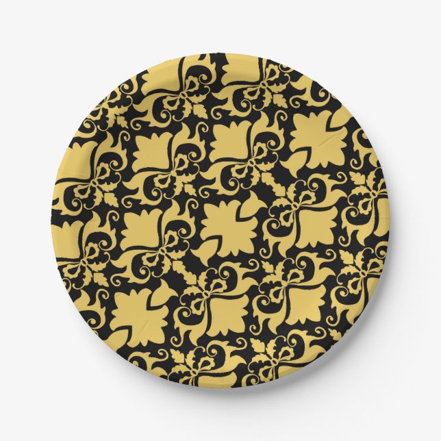 Golden Night Damask Bows Paper Plate (Front)
