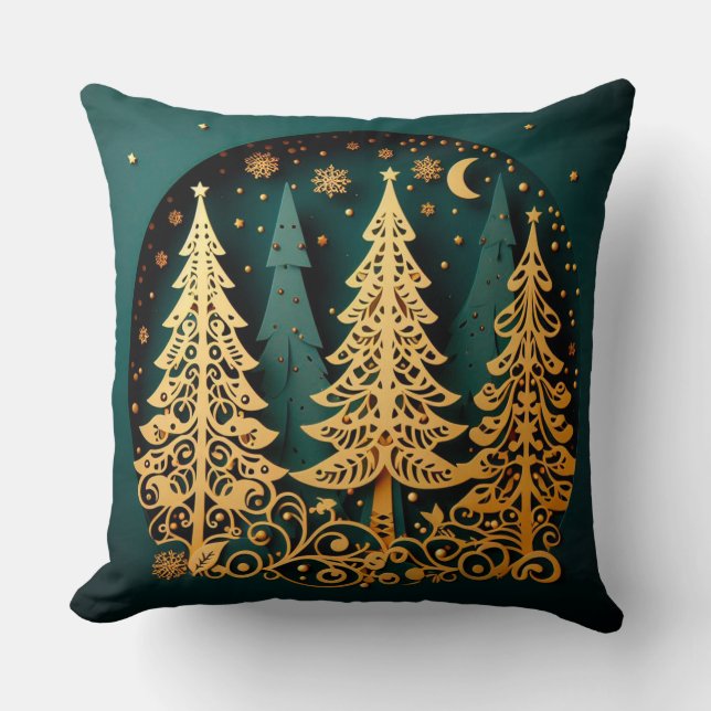 Golden Night Woodland – Christmas Tree Pattern Cushion (Front)