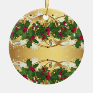 Golden Noel Garland — Red Berries & Holly Leaves Ceramic Ornament