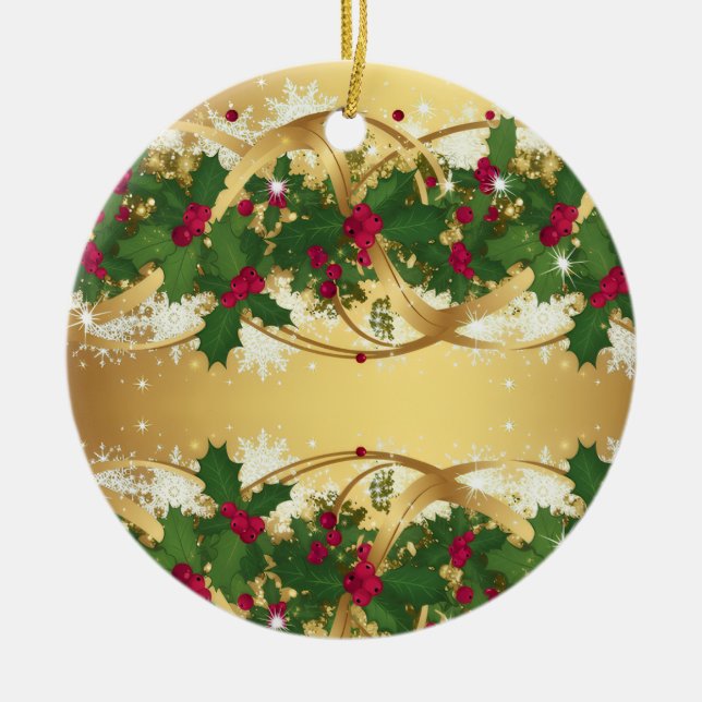 Golden Noel Garland — Red Berries & Holly Leaves Ceramic Ornament (Front)