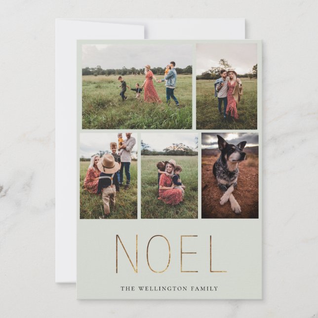 Golden NOEL Modern Photo Collage Holiday Card (Front)