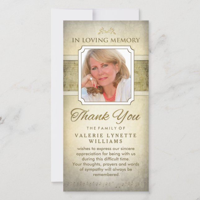 Golden Notes Musical Memorial Thank You Card (Front)