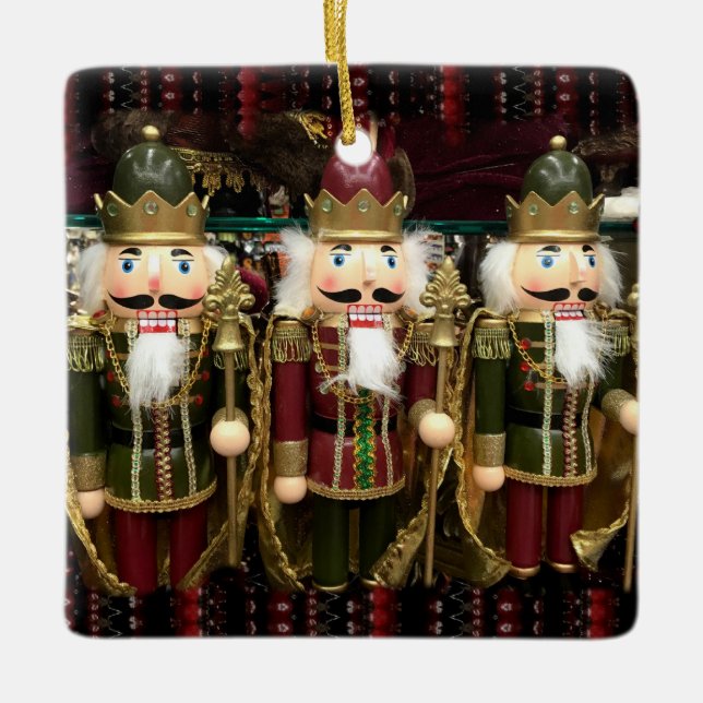 Golden Nutcracker Soldiers Christmas Ceramic Ornament (Front)