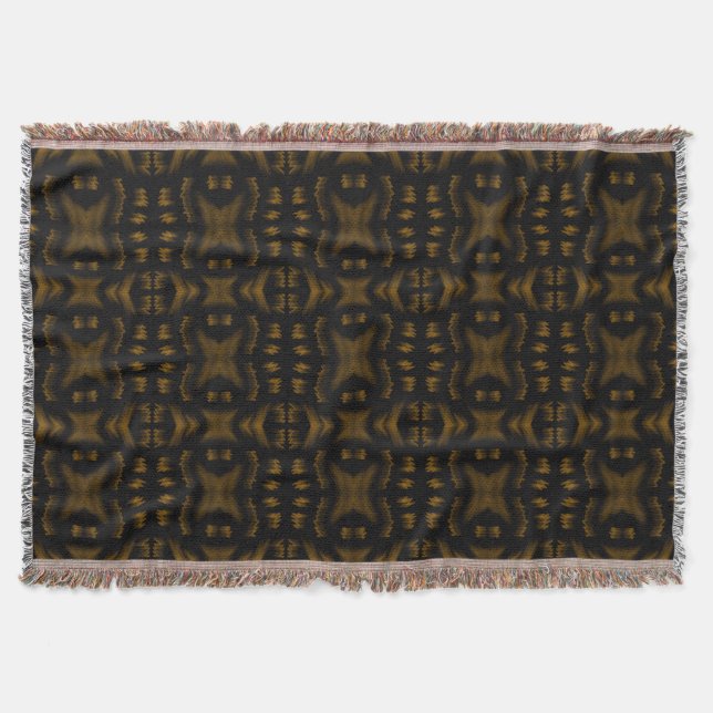 Golden Obsidian Tribal Ikat Pattern Throw Blanket (Front)
