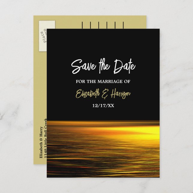Golden Ocean, Elegant Beach Wedding Save The Date Announcement Postcard (Front/Back)