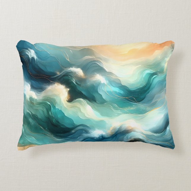 Golden Ocean Flow Abstract Waves Decorative Cushion (Front)