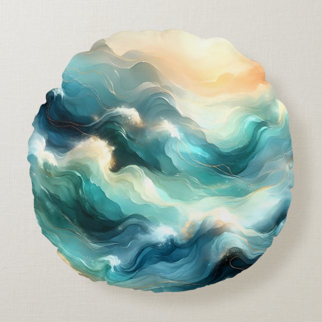 Golden Ocean Flow Abstract Waves Round Cushion (Front)