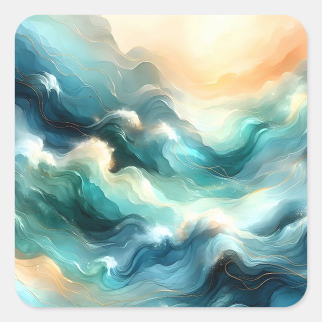 Golden Ocean Flow Abstract Waves Square Sticker (Front)