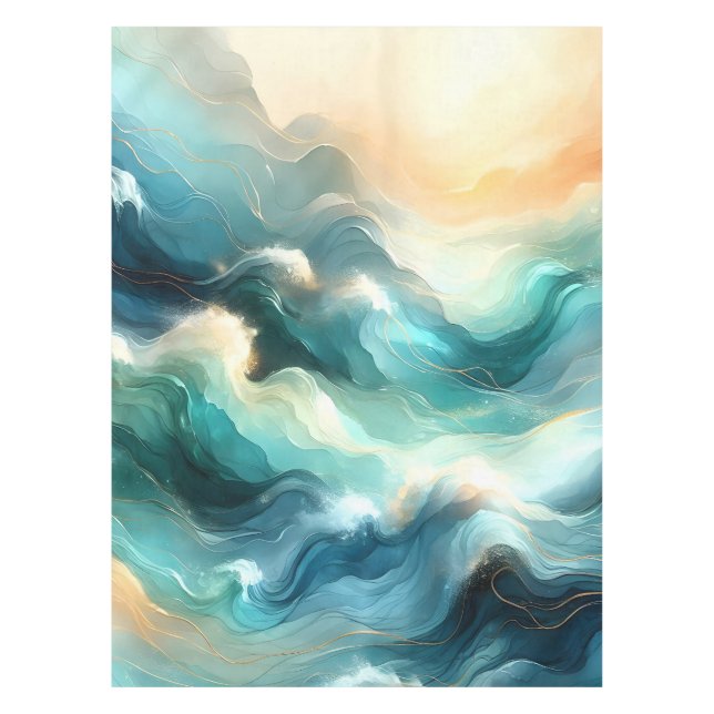 Golden Ocean Flow Abstract Waves Tablecloth (Front)