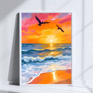 Golden Ocean Sunset Watercolor Beach Painting Poster