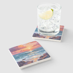 Golden Ocean Sunset   Watercolor Coastal Radiant Stone Coaster
