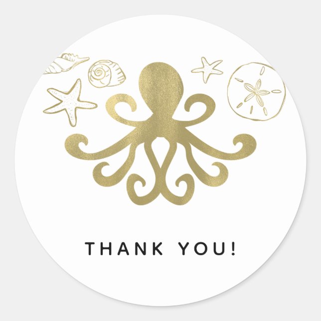 Golden Octopus & Sea Shells Beach Birthday Party Classic Round Sticker (Front)