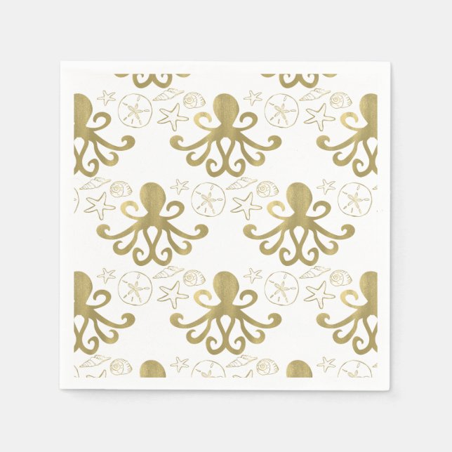 Golden Octopus & Sea Shells Beach Birthday Party Napkin (Front)
